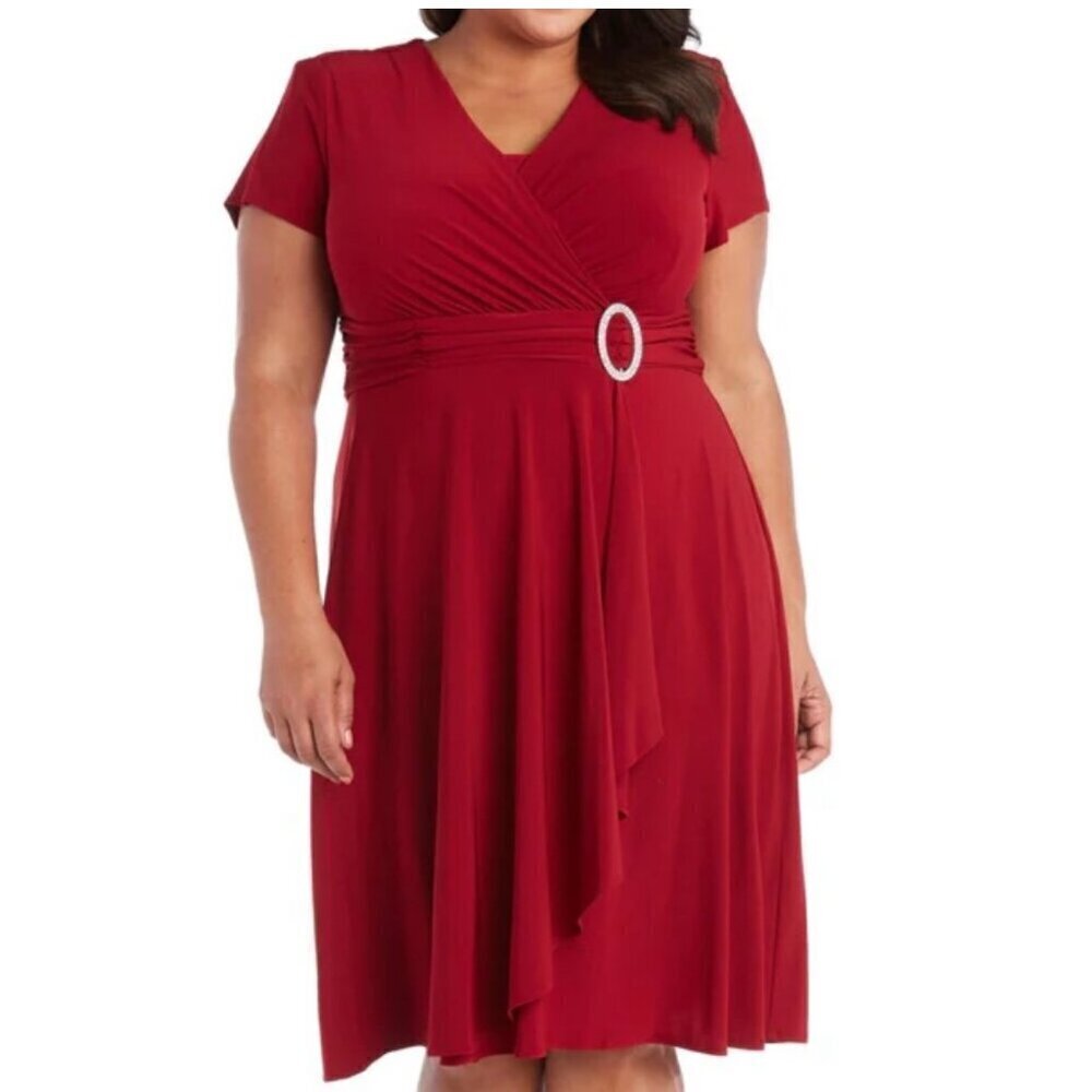 R&M Richards Red Short Sleeve Faux-Wrap Dress w/ Rhinestone Oval Buckle Size 22W